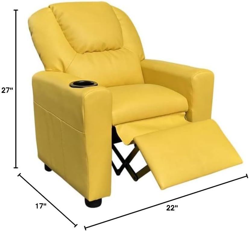 Lilola Home Marisa 23" W Yellow PU Leather Kids Recliner Chair with Cupholder