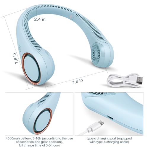 CIVPOWER Neck Fan: Portable Personal Neck Cooling Rechargeable Bladeless Fan - Hands Free 3 Speed 4000 mAh Battery USB Operated Wearable Headphone Design - for Men Women Outdoor Indoor (Light Blue)