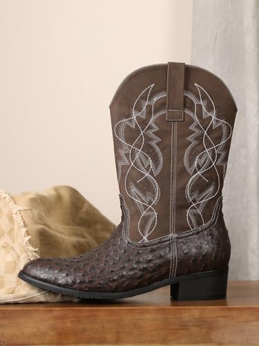 Image of Western cowboy boots, ostrich leather, embroidered design, brown, mid-calf, men's antique ostrich embossed exotic western boots round head.