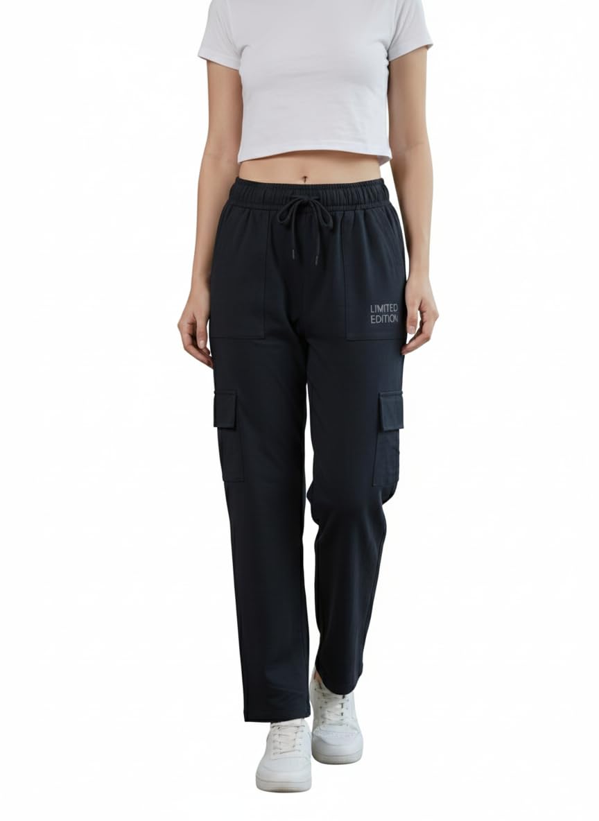 hautemoda Women Pure Cotton Track Pants, High Waist Relaxed Cargo Style Trousers with Pockets-picture-32