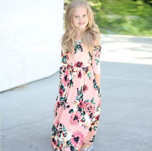Girls Floral Maxi Dress Flower Printed 3/4 Sleeves Clothing with Pockets Summer Outfits2