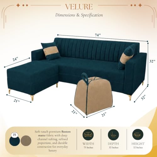 Image of FURNY Signature Regalia 4-Seater L-Shape Sofa Set with Movable Ottoman & Accent Suri Pouf | Flexible LHS /RHS Layout | Boston Fabric | 40D Foam + Zigzag Spring | 3-Yr Warranty (Peacock Green, Beige)