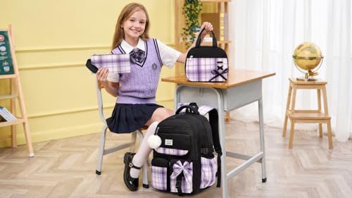 Image of Backpack for School Girls, 3Pcs Kids Cute Bookbag with Lunch Box Pencil Pouch, Student Pack Fits 15.6 Inch Laptop for Teens bag for Kindergarten Elementary Preschool Middle School, Black Purple Tartan