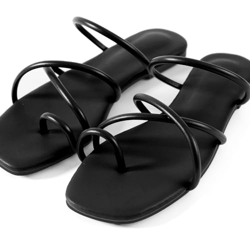 Image of Mtzyoa Women's Strappy Flat Sandals with Toe Ring | Lightweight Walking Slides | Summer Beach Wedding Shoes | Black | Casual Dressy Vacation