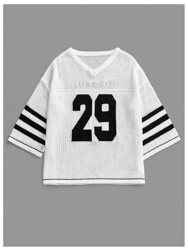 MakeMeChic Women's Letter Print Striped V Neck Hollow Out Crochet Sweater Drop Shoulder Knit Pullovers3