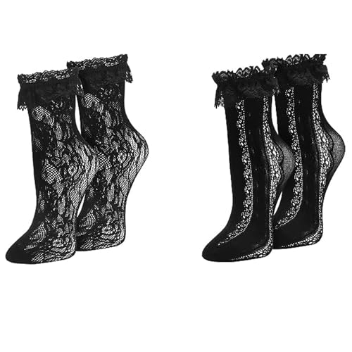 Image of Women Lace Ruffle Socks White Black Frilly Lolita Crew Dress Socks | Womens Ankle Lacy Ruffled Socks Adult Cute Soft Cotton Thin Sexy Mesh Lace Trim 80s Casual Church Socks for Ladies Big Girls