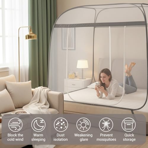 Image of HASTHIP Double Bed Mosquito Net with Stand Pop Up Fine Mesh Canopy Tent Frame with Dual Door for Bedroom 180x200x145cm