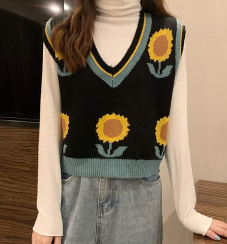 Image of Women's Sweater Vest,Y2K Sleeveless Pattern Preppy Style Knitted Crop Tank Top for Girl
