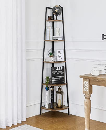 Pshelfy 5-Tier Corner Shelf, Rustic Corner Bookshelf Bookcase Multipurpose Corner Ladder Shelf Plant Stand For Living Room, Kitchen, Home Office Small Space (Brown) #TOP5