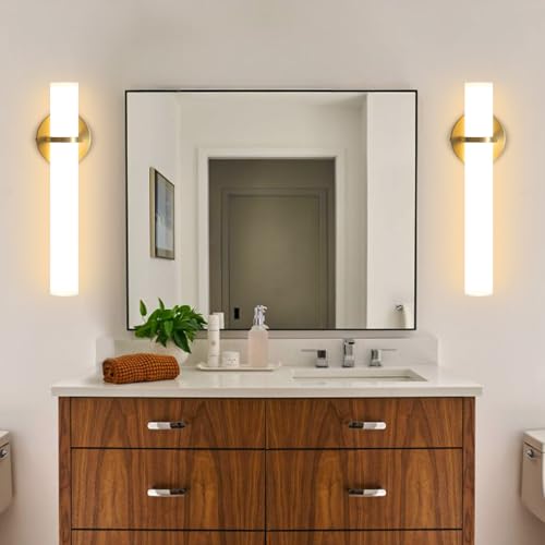 Image of 16W LED Dimming Wall Sconces 2 Packs, 3000K Warm Lights Dimmable, White Lampshade Bathroom Vanity Lighting Wall Light Fixtures for Bedroom Dining Living Hallway, Antique Gold