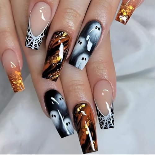 Halloween Black Press on French Nails Long Coffin - ZWENJIE Fake ...