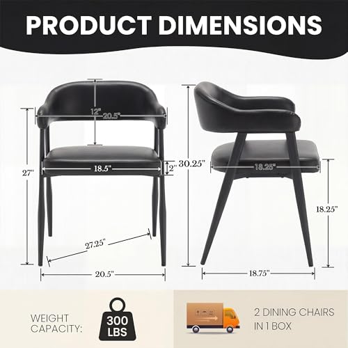 Image of HNY Modern Dining Room Arm Chairs Set of 4, Retro Faux Leather Upholstered Barrel Dining Chairs with Arms Mid-Century Black Accent Chair with Metal Legs, Open-Back Kitchen Side Chair for Living Room