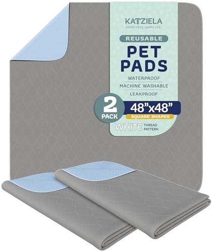 Image of Katziela Washable Pet Pads (2 Pack 48in x 48in)Super Absorbent Waterproof Reusable Dog Pee Pads for Dogs Washable Puppy Pads for Potty Training Housebreaking Washable Pee Pads for Dogs White Stitching