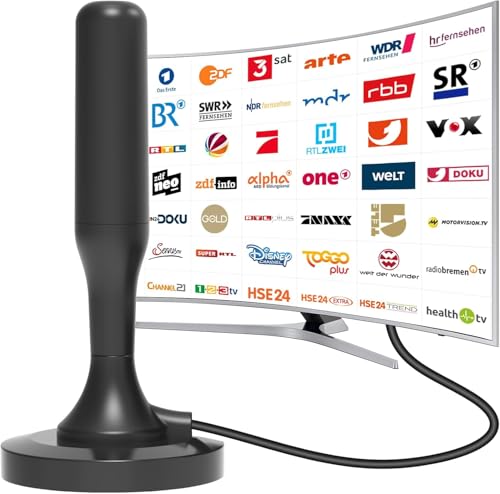 DVBT2 tv Antenne - dvb-t & dvb-t2 tv antennen，Digitale Zimmerantenne für Fernseher - DVBT2 Antenne 360 Grad Empfang - Mit Magnetfußl, unterstützt 4K HD-Kanäle