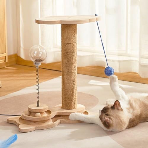 TOTHDATE 4 IN 1 Scratching Posts for Indoor Cats, Wooden Cat Treat Toy with Hanging Ball Track Ball Leaky Food Ball Interactive Cat Toy for Indoor Cats Kittens