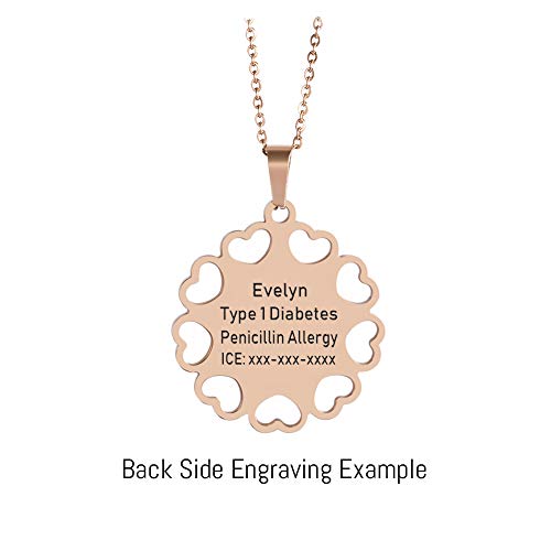 BAIYI HOPE Personalized Rose Gold Medical Alert ID Necklace for Women Hollowed-Out Heart Emergency Health Awareness Dog Tag Pendant for Female 20“ (Free Engraving)