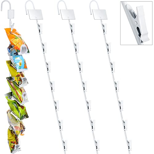 Retail Display 4 Pcs Metal Display Stand for Vendors Chip Holder for Concession and Pantry Clip Strip Potato Chip Bag Rack with Label Header and 7 Clips Hanging Merchandise Strips with Hooks (White)