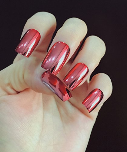 YUNAI Metallic Artificial Nails Wine Red Mirror Shinning Square Medium size False Nail tips