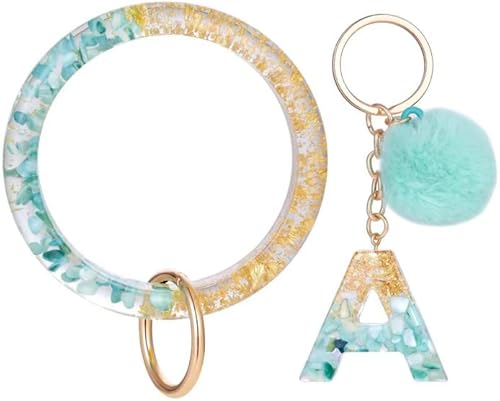QYDCX Letter A-Z Keychian Teal Resin Bracelet Handmade Key Ring Wrist Pom Pom Wristlet Circle Bracelet Holder for Women Girls