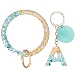 QYDCX Letter A-Z Keychian Teal Resin Bracelet Handmade Key Ring Wrist Pom Pom Wristlet Circle Bracel