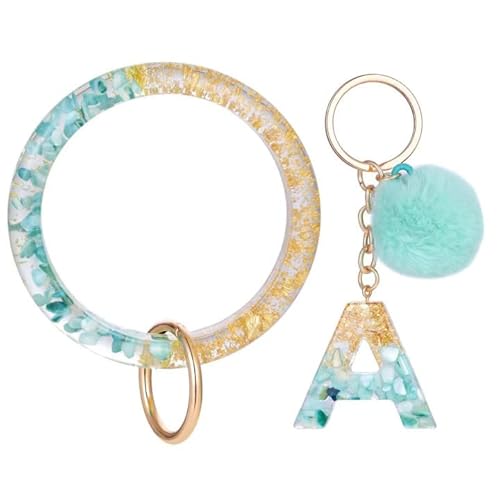Qydcx Letter A-Z Keychian Teal Resin Bracelet Handmade Key Ring Wrist Pom Pom Wristlet Circle Bracelet Holder For Women Girls #TOP2