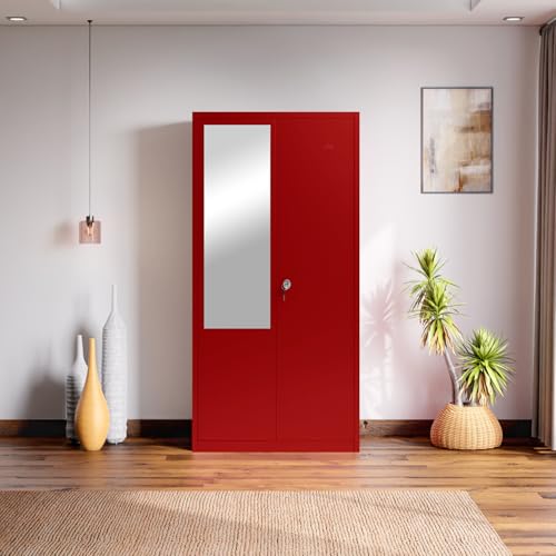 Image of Interio by Godrej Flynn NX 2-Door Steel Almirah with Mirror (Textured Carmine Red), 1-Year Warranty, 1 Locker, 5 Shelves