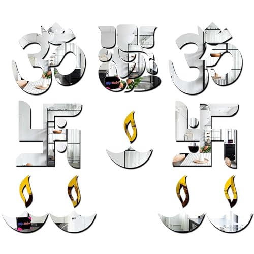 Image of Bikri Kendra - Ganesha with Om Swastika Diyas 3D Acrylic Decorative Mirror Wall Sticker (Silver), Pack of 10