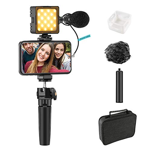 Smartphone Video Mikrofon Vlogging Vlog Kit mit 2800-8500k Licht & Diffusor + Mikrofon + Stativ + Telefonclip + Verlängerungsstange