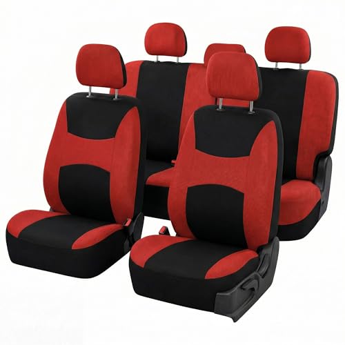 Image of FH Group Car Seat Covers Full Set Cloth - Universal Fit, Automotive, Low Back Front, Airbag Compatible, Split Bench Rear Washable Car Seat Cover for SUV, Sedan, Van Red