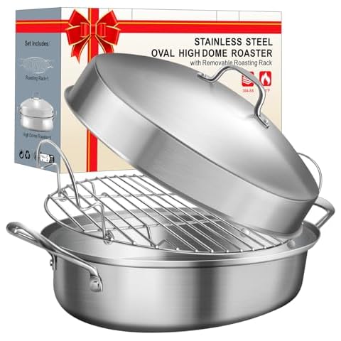 Roasting Pan, Turkey Roasting Pan with Rack and Lid for Chicken in Kitchen Thanksgiving Christmas, Gifts for Women Mother Wife Men, 21 Inch Cover