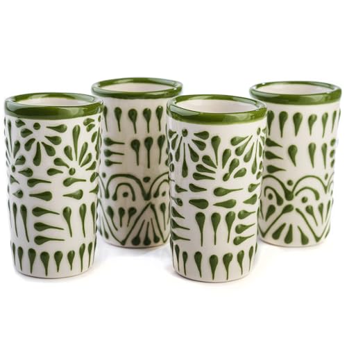 Image of Talavera Shot Glasses Set of 4 Authentic Mexican Hand-Painted Tequila Shot Glasses - 2 Oz (Green Lace) Glass