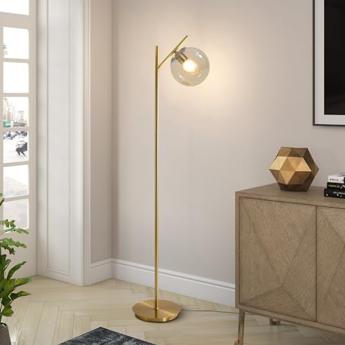 Image of Mid Century Modern Floor Lamp for Living Room Retro Vintage Brass Standing Light Industrial Cognac Glass Globe Floor Freestanding Lamp for Office Hotel Bedroom