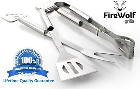 Barbeque Tool Set by FireWolf Grills. Stainless Steel Tongs, Spatula, Fork for the Professional Grill Chef. Machine Sharpened and Optimized Design by the Leading Brand of Barbecue Tools and Utensils. ***Lifetime Quality Guarantee***