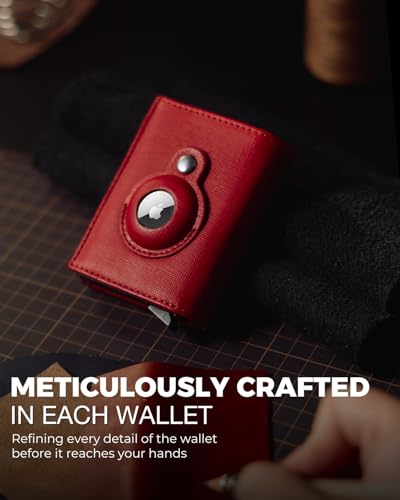 Image of Jenoss Smart AirTag Wallet for Men & Women: Full Grain Leather, Black Pop Up Case, Slim, RFID Blocking, Credit Card Holder Apple Air Tag Tracker Trifold Minimalist 12 Slot ID (Red & Black)