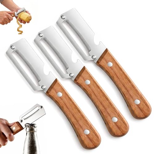 Zero Snag Wooden Vegetable Peeler, 2-in-1 Stainless Steel Fruit & Potato Peeler with Bottle Opener, Ergonomic Wooden Handle Kitc