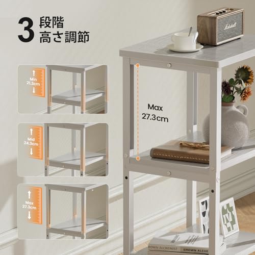HLFURNITUREサイドテーブル 高さ調節可能なベッドサイドテーブル幅37×奥行30×高さ65.4cm 3段デザインの小型テーブル 脚部調節可能なベッドソファーテーブル おしゃれなレトロデザイン コーヒーテーブル ソファ横やベッドサイドに最適(白) [4]