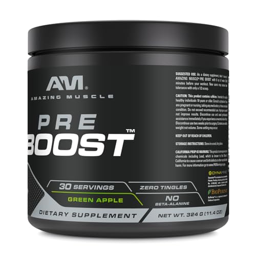 Image of Amazing Muscle Pre Boost | 30 Servings | 324 Grams Powder | Pre Workout Supplement | Made in USA (30 Servings, Natural Green Apple)