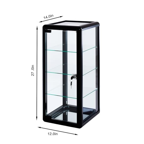 Homtique Display Case, 4 Tier Tempered Glass Counter Top Display Showcase, Black Aluminum Frame Display Cabinet with Sliding Glass Door and Lock, 12\" W x 14\" D x 27\" H - Thumbnail 3