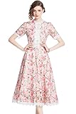 LAI MENG FIVE CATS Women's Retro Elegant Floral Lace Crew Neck Crochet Waist Cocktail Party Midi Dress Pink