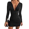 GOBLES Women's Sexy Long Sleeve V Neck Ruched Bodycon Mini Party Cocktail Dress Black