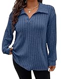 Gemulate Plus Size Long Sleeve Tops for Women Ladies Lightweight Striped Oversized Clothes Sweater Polo v neck Tshirts Sweatshirts Royal Blue XXL