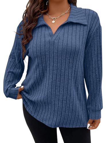 Image of Koscacy Women Plus Size Casual Knit Sweater Lapel V Neck Solid Color Tops Lightweight Long Sleeve Blouses