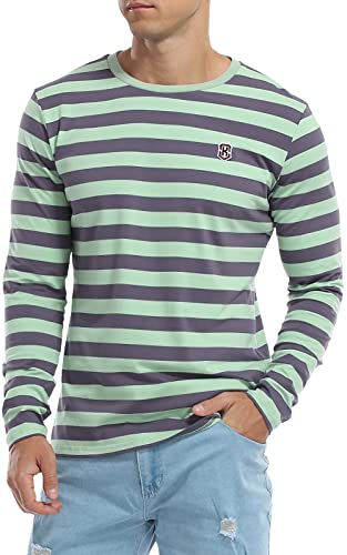 KUYIGO Camiseta de Manga Larga a Rayas para Hombre, de algodón, clásica, Cuello Redondo, a la Moda, Verde Menta y Gris Lila, S
