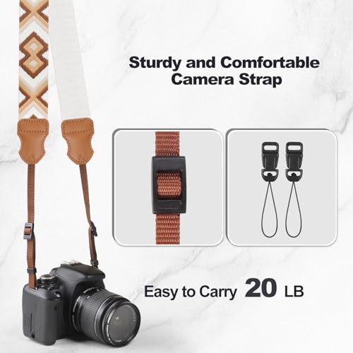 Image of Universal Camera Strap - Camera Neck Strap, Adjustable Shoulder Straps Compatible with Canon, Fujifilm, Nikon, Olympus, Panasonic and other SLR and mirrorless cameras - Brown Beige White Weave