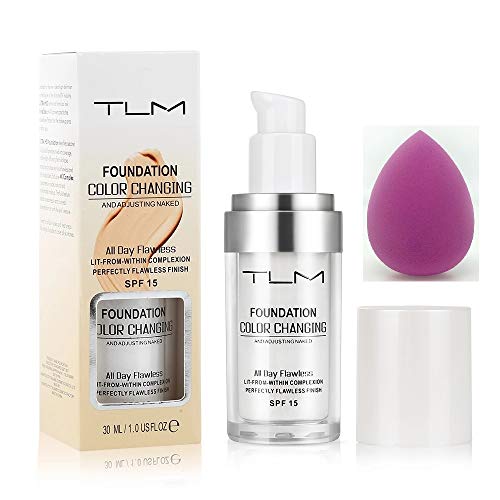 TLM Color Changing Weightless Foundation 30ml, Concealer Cover Flawless Cream Makeup Base Warm Skin Tone For Women Girls Flawless Cream SPF15, 2 Pack and 1 Premium Cosmetic Sponge Puff