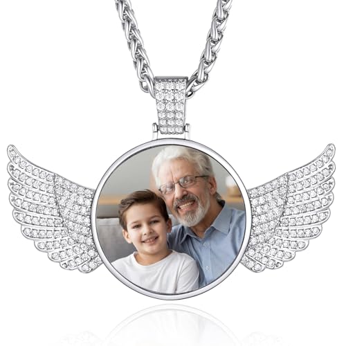 Custom4U Picture Necklace Personalized Photo for Men Women Steel/18K Gold Plated/Black Custom Angel Wings/Heart Pendant Necklace with Picture Memory Circle Chain 18-30 Inch,Hip Hop Jewelry+G