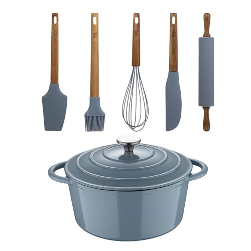 Cacerola con tapa de Ø25,5x12cm (5L) en hierro fundido + Set de 5 Utensilios de silicona y madera NOIA San Ignacio