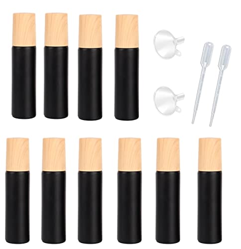 10 Pcs Frosted Glass Essential Oils Roll on Bottles,10ml Refillable Massage Roller Bottles Perfume Bottles with Stainless Steel Ball Wood Grain Cap Empty Travel Roller Essential Oils Vials(Black)