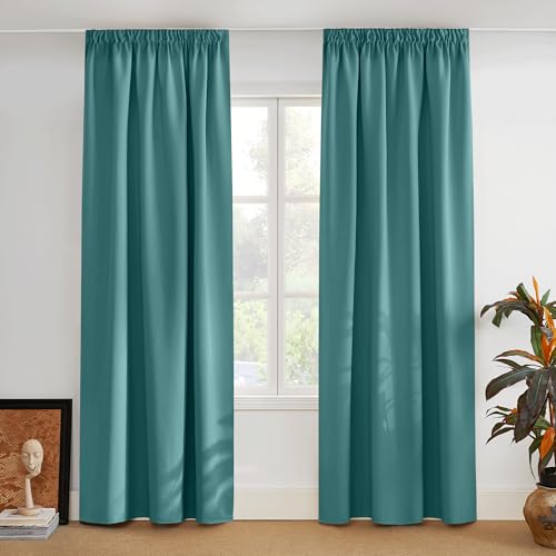 PONY DANCE Vorhang Blickdicht Kräuselband Wohnzimmer Gardinen mit Haken für Schienen 2er Set H 245 x B 140 cm Tealblau, Verdunklungsgardine Wärmeisolierend Thermovorhang