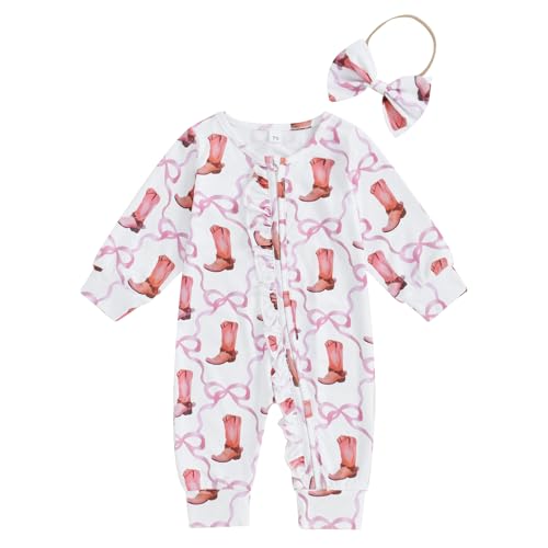 Image of SAYOO Western Boots Baby Cowgirl Clothes Zipped Fall Romper Outfit for Newborn Girl Cow Print Bow Print One-piece Jumpsuit